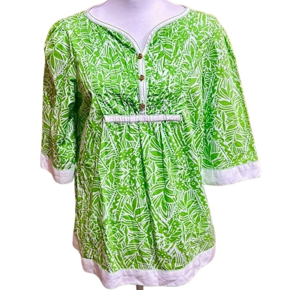 Lilly Pulitzer Women's Green Floral Leaf Print Tunic Top Size M - EUC